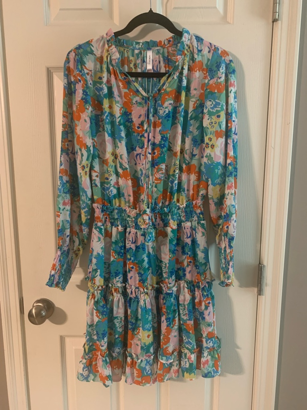 Long-Sleeve Tiered Floral Dress in Teal & Orange